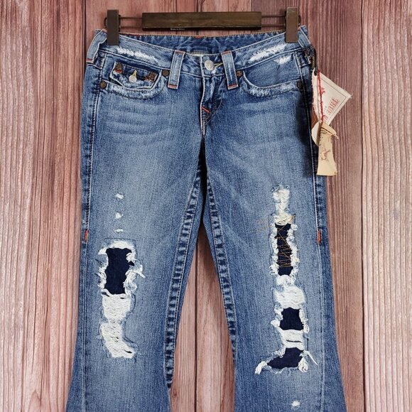 NWT True Religion Womens Size 26 Joey Row Seat Flap Flare Distressed Denim Jeans - Picture 5 of 15